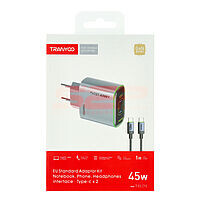 Accesorii GSM - : Incarcator retea Fast Charge 2 x USB-C cu cablu Type-C 45W Tranyoo T-EU25 C